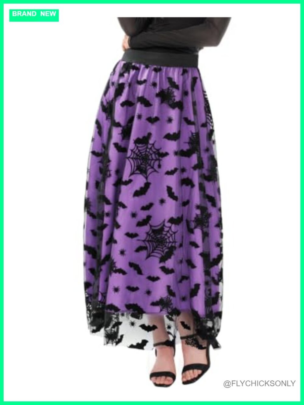 Halloween Velvet Bats Skull Tulle Skirt High Elastic Waist Midi